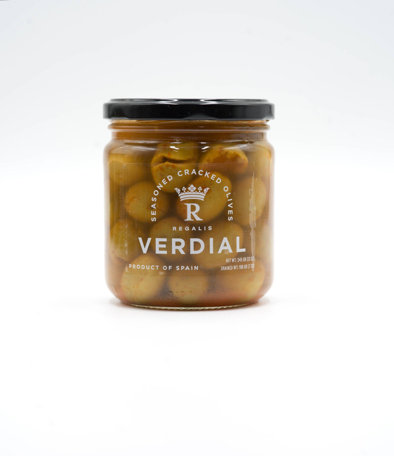 Regalis Foods - Regalis Cracked Verdial Olives, 345gr glass jar with black lid, featuring firm, dense olives marinated with paprika, oregano, and garlic. Product of Spain.