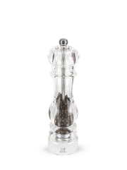 Peugeot Paris Nancy Pepper Mill, Acrylic, 9 inches, showcases suspended black peppercorns with an adjustable top knob for coarseness control, perfect for enhancing kitchen flavor.