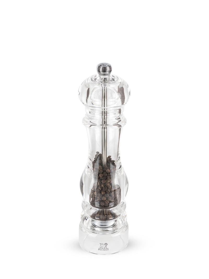 Peugeot Paris Nancy Pepper Mill, Acrylic, 9 inches, showcases suspended black peppercorns with an adjustable top knob for coarseness control, perfect for enhancing kitchen flavor.