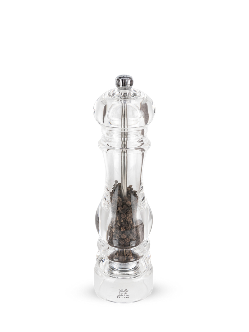 Peugeot | Paris Nancy Pepper Mill, Acrylic, 9 inches, showcasing suspended black peppercorns, with an adjustable coarseness knob, perfect for flavor enthusiasts and stylish table settings.