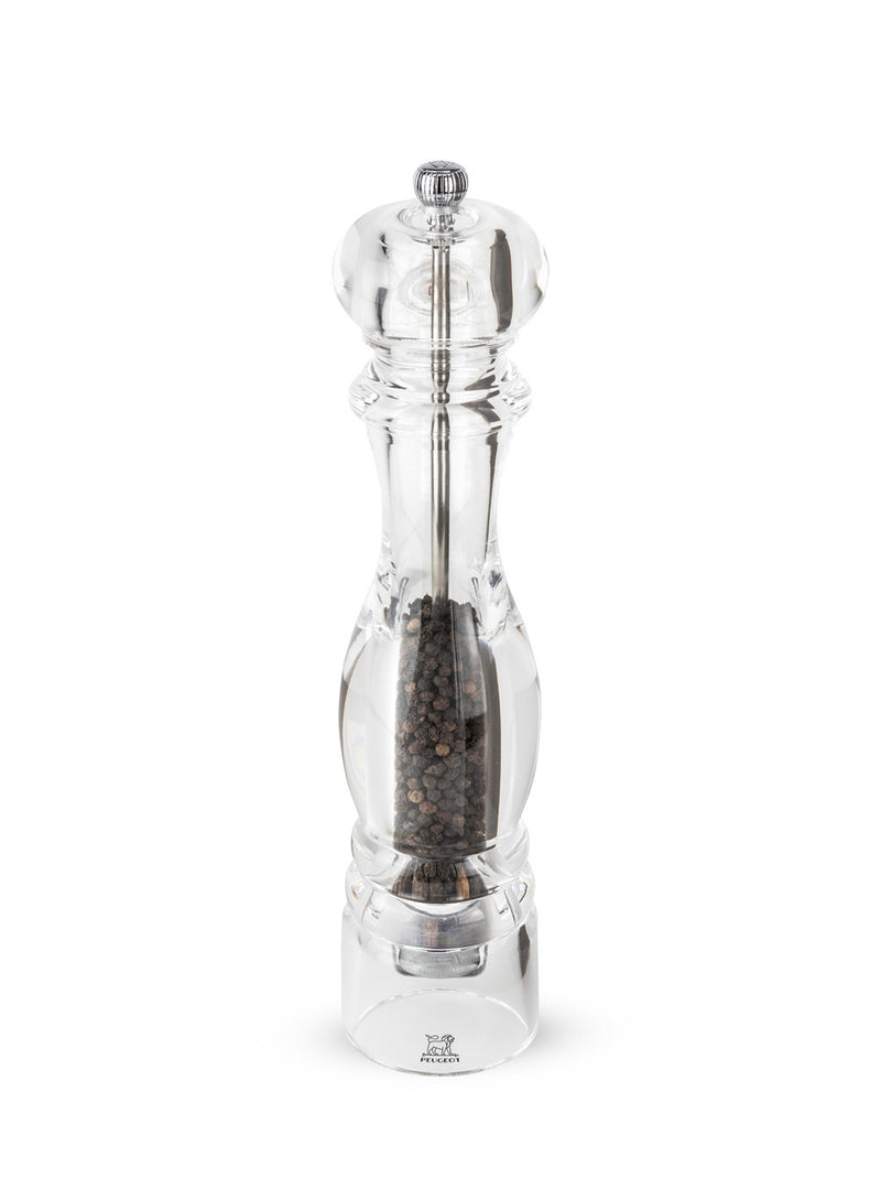 Peugeot | Paris Nancy Pepper Mill, Acrylic, 12 inches, showcasing whole black peppercorns with an adjustable coarseness knob, ideal for enhancing culinary experiences.