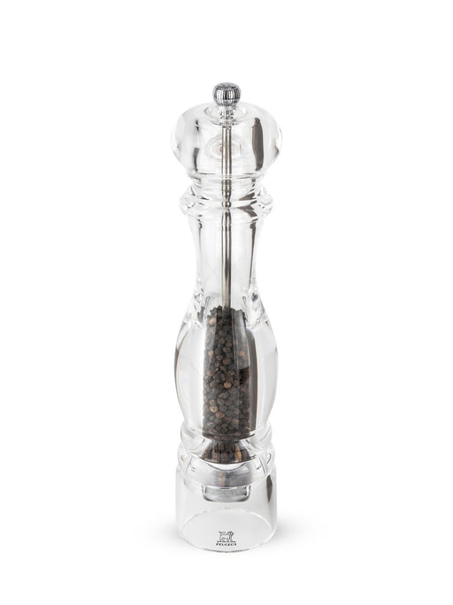 Peugeot | Paris Nancy Pepper Mill, Acrylic, 12 inches, showcasing whole black peppercorns with an adjustable coarseness knob, ideal for enhancing culinary experiences.