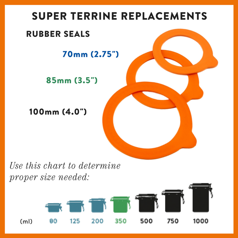 Le Parfait - Rubber Seals for Super Jars and Super Terrines: 85mm, showing three seal sizes with a chart for matching jar volumes, ideal for preserving foods.