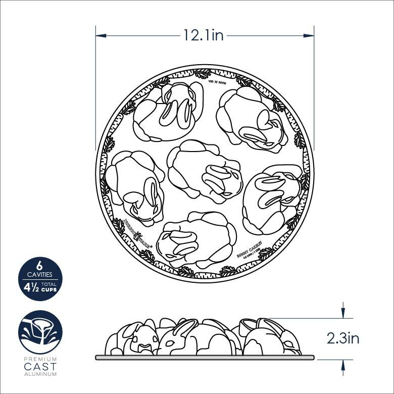 Nordic Ware | Baby Bunny Cake Pan illustration, featuring a rabbit design, ideal for creating detailed, adorable bunny-shaped cakes with easy release and cleanup.