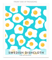 Bespoke Provisions - Eggs Swedish Dishcloth featuring a playful egg pattern; eco-friendly, biodegradable, perfect for cleaning, and available in two packaging options.
