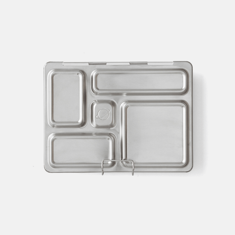 PlanetBox - Rover Lunch Box: Stainless-steel tray with five sections and a latch, designed for varied food servings, includes two silicone lidded containers.