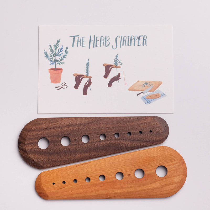 Collin Garrity - Herb Stripper: Cherry, featuring two wooden bars with graduated holes for efficient herb stripping, accompanied by an instruction card with usage tips.