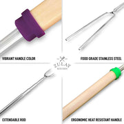 Zulay Kitchen | Extendable Marshmallow Roasting Sticks - 4 Pack, featuring telescopic stainless steel forks with wooden handles, ideal for safe and precise outdoor roasting.