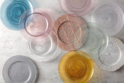 Fortessa | Jupiter Amber 13 Charger: Group of elegant glass plates showcasing vintage Parisian-inspired design, perfect for stylish dining.