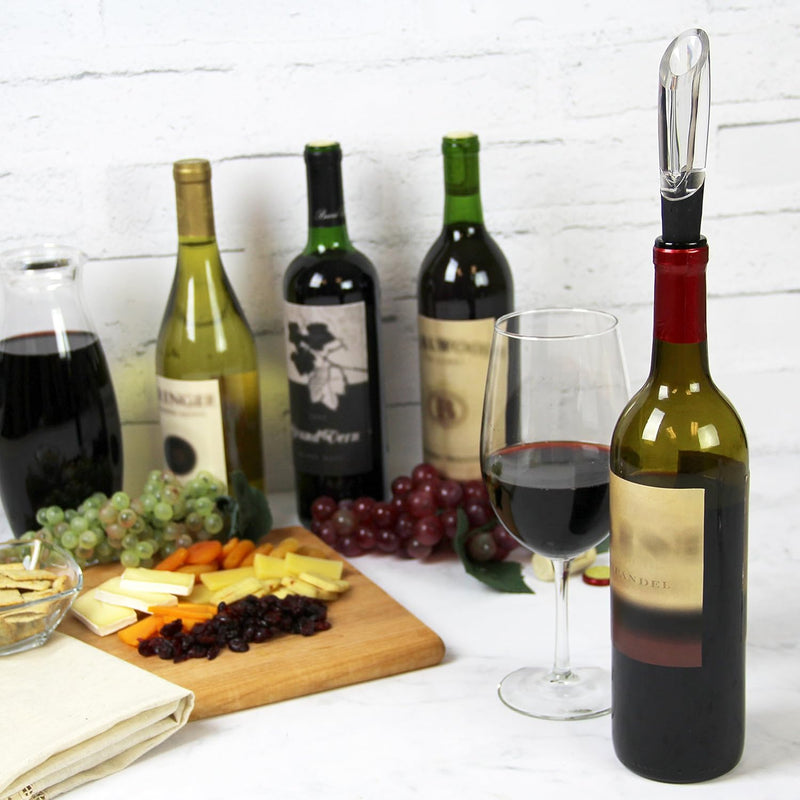 Vinturi On-Bottle Wine Aerator atop wine bottle, enhancing aeration for improved taste and aroma, ideal for Athens Cooks' curated kitchen and barware offerings.