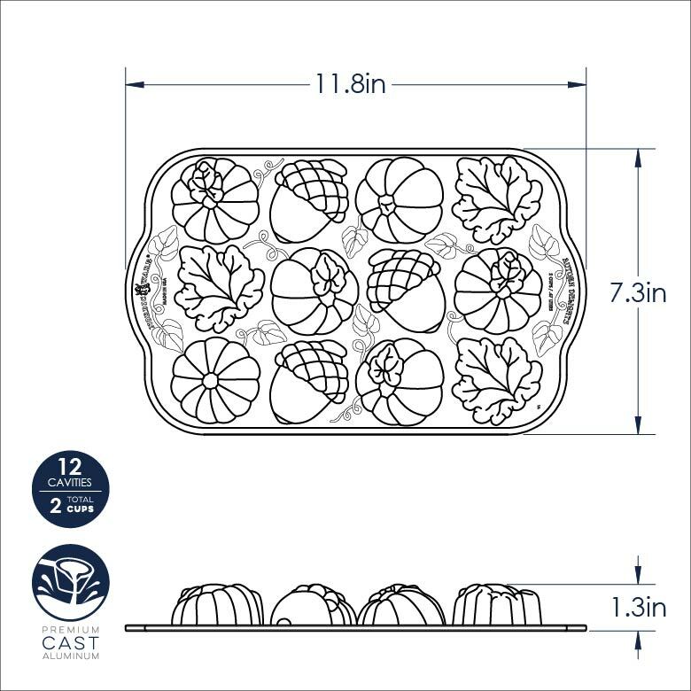 Nordic Ware | Autumn Delights Cakelet Pan featuring intricate acorn, leaf, and pumpkin designs for baking 12 whimsical cakelets, perfect for festive gatherings.