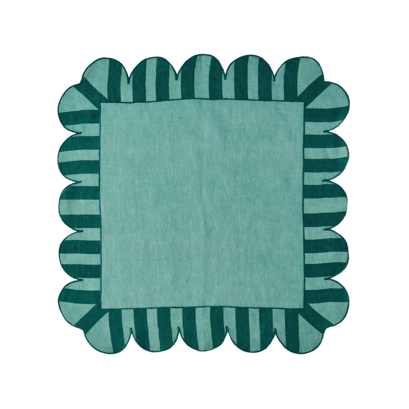 Misette | Jardin Embroidered Linen Scalloped Stripe Napkins, Green, Set of 4