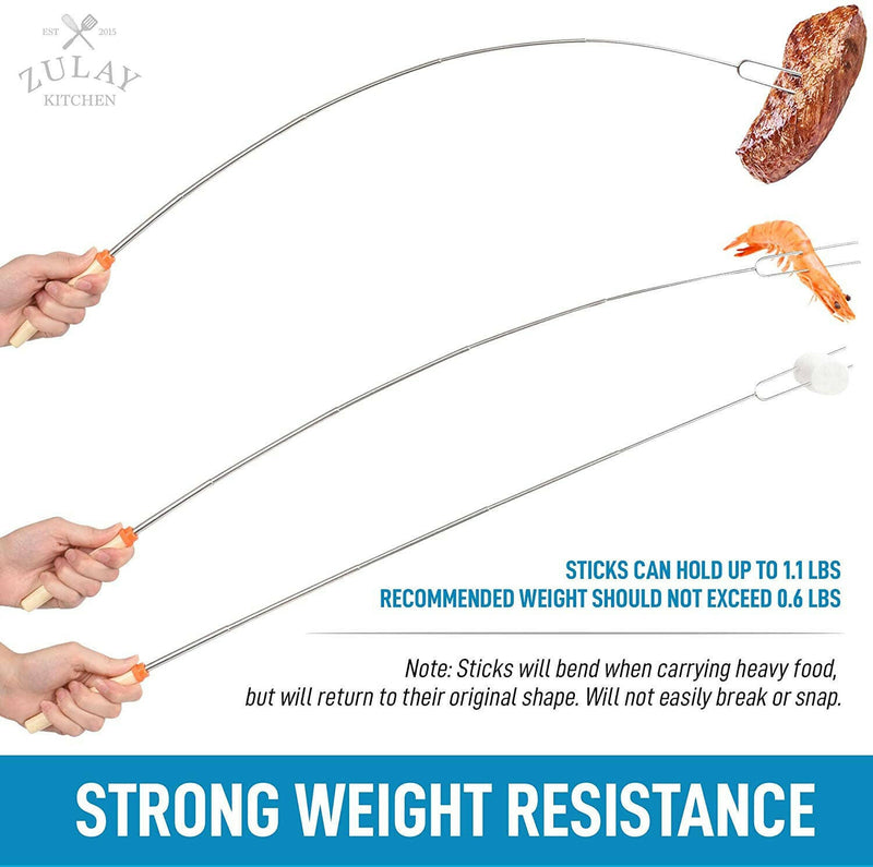 Zulay Kitchen Extendable Marshmallow Roasting Sticks held in hand, showcasing their telescopic design and wooden handle, ideal for safe marshmallow roasting.