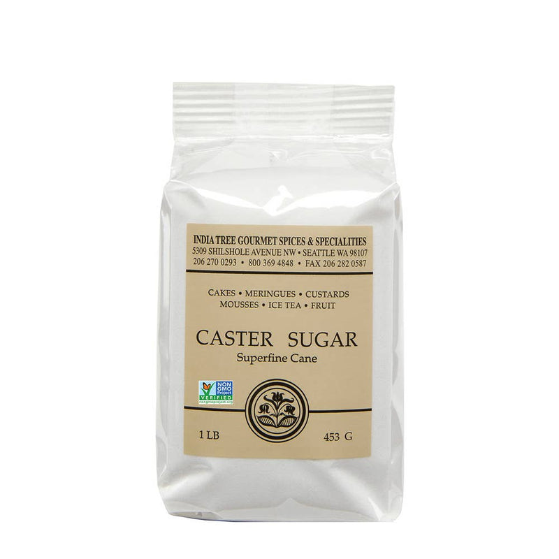 India Tree Caster Sugar: Chef Pak (1 lb) – Case of 6, in a white bag with label, ideal for baking and sweetening drinks.