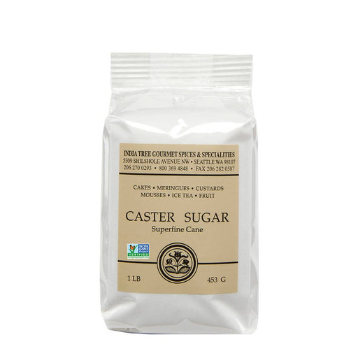 India Tree Caster Sugar: Chef Pak (1 lb) – Case of 6, in a white bag with label, ideal for baking and sweetening drinks.