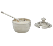 Match | silver container with lid and spoon, holding a white granular substance, ideal for kitchen use, showcased by Athens Cooks.