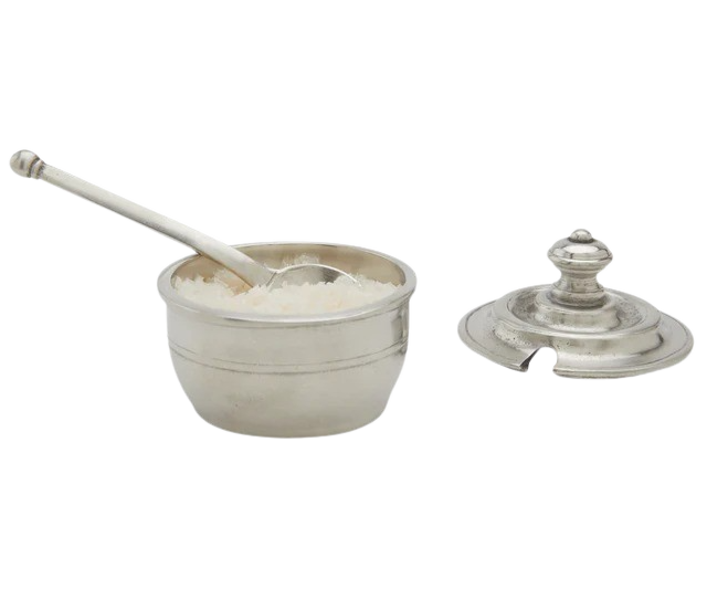 Match | silver container with lid and spoon, holding a white granular substance, ideal for kitchen use, showcased by Athens Cooks.