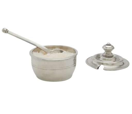 Match | silver container with lid and spoon, holding a white granular substance, ideal for kitchen use, showcased by Athens Cooks.
