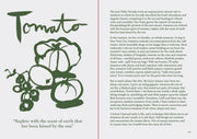 Cookbook spread from Tenderheart by Hetty Lui McKinnon, featuring tomato illustrations, quotes, and reflections on tomatoes, recipes, and heritage. Page 439 highlights tomato pairings and tips.