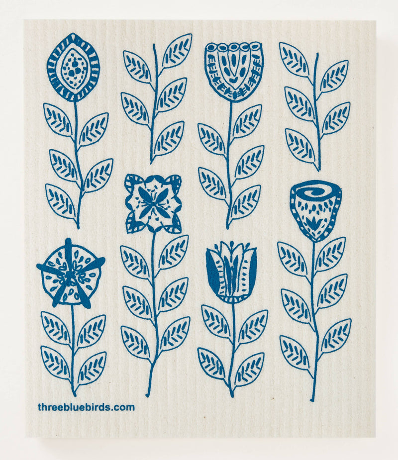 Teal Garden Swedish Dishcloth with intricate blue floral design, eco-friendly and absorbent, perfect for sustainable kitchen cleaning.