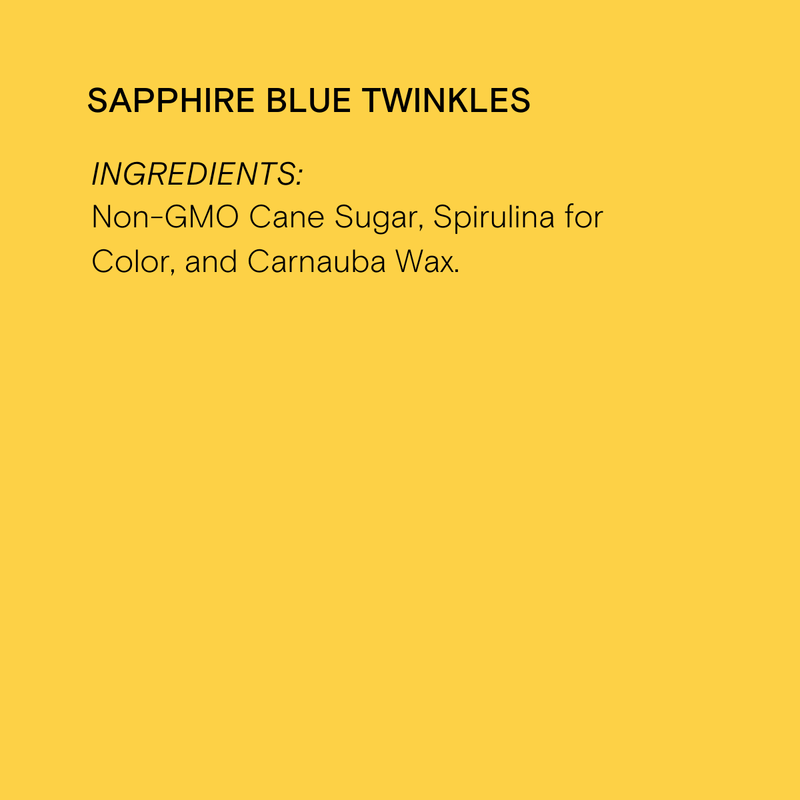 Supernatural - Twinkles Sanding Sugar: Sapphire Blue label featuring non-GMO cane sugar, spirulina, vegan, soy and gluten-free ingredients, perfect for baking and decorating.