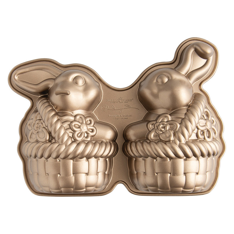 Nordic Ware | Bunny In Basket 3D Cake Pan, a detailed cast aluminum mold for creating a 3D bunny cake, perfect for Easter celebrations.