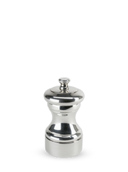 Peugeot Mignonnette Silver Plated Salt Mill, 4 inches, features a shiny, stainless-steel design, reissuing Peugeot's 1874 classic with premium silver-plated craftsmanship for precise spice grinding.