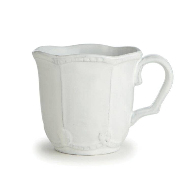 Bella Bianca Beaded Mug by Arte Italica & Crown Linen Designs, a handcrafted ceramic piece from Tuscany, perfect for enhancing your coffee experience.