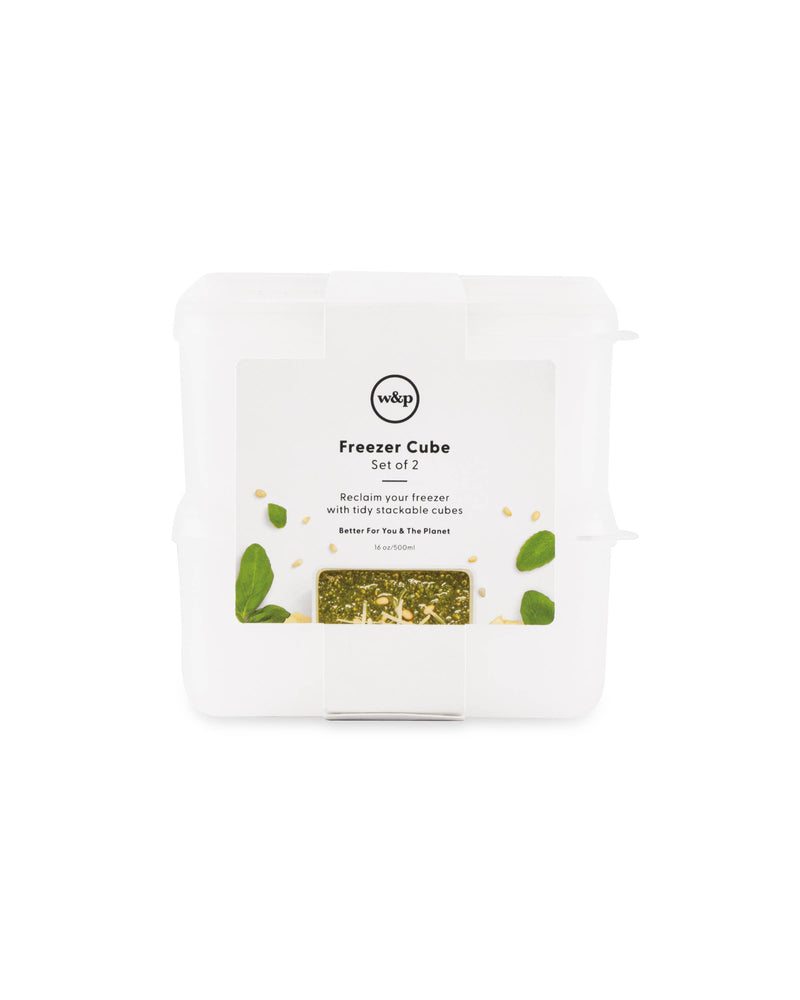 W&P Freezer Cube Storage Containers: Set of 3 - Small/Medium/Large, featuring a labeled plastic container ideal for storing and freezing various food portions.