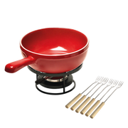 Emile Henry | Cheese Fondue Set, Burgundy: Small ceramic pot on metal stand with burner, includes long-handled forks, ideal for cozy gatherings and healthy cooking.