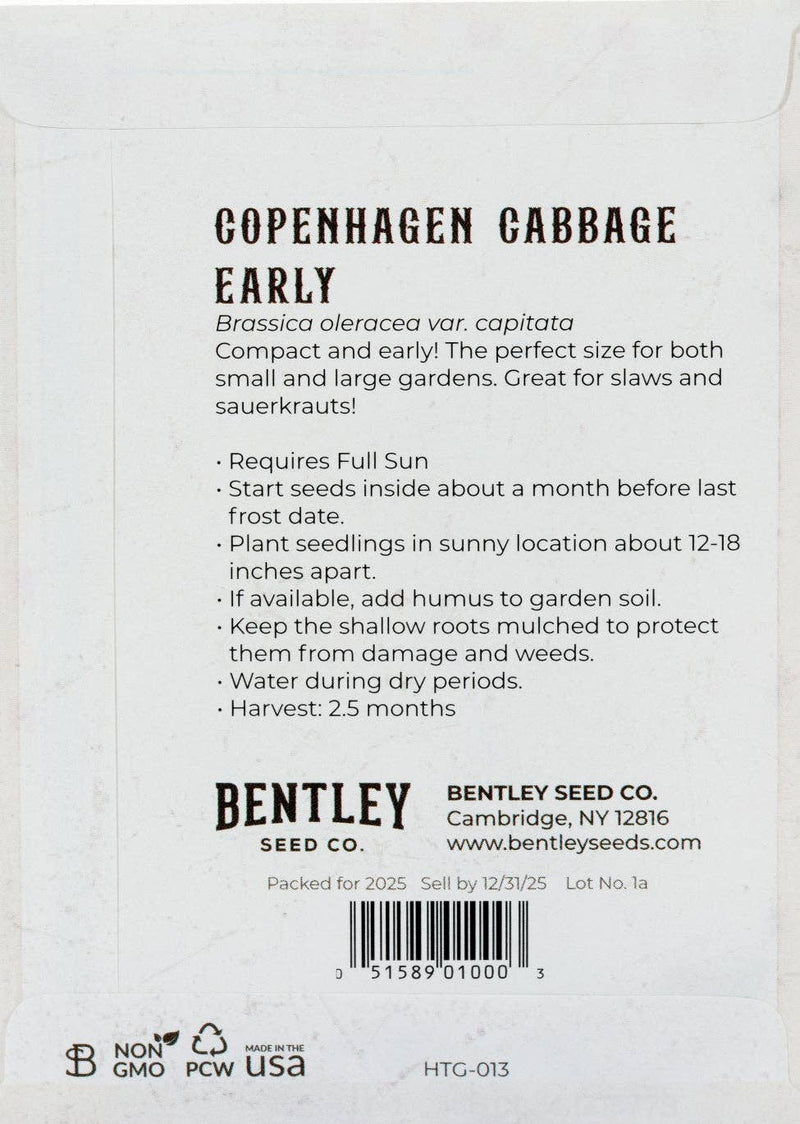 Bentley Seed Co. - Cabbage-Copenhagen Early 1909 seed packet, featuring instructions and icons for Non-GMO, recyclable packaging, and Made in the USA. Ideal for slaws and sauerkraut.