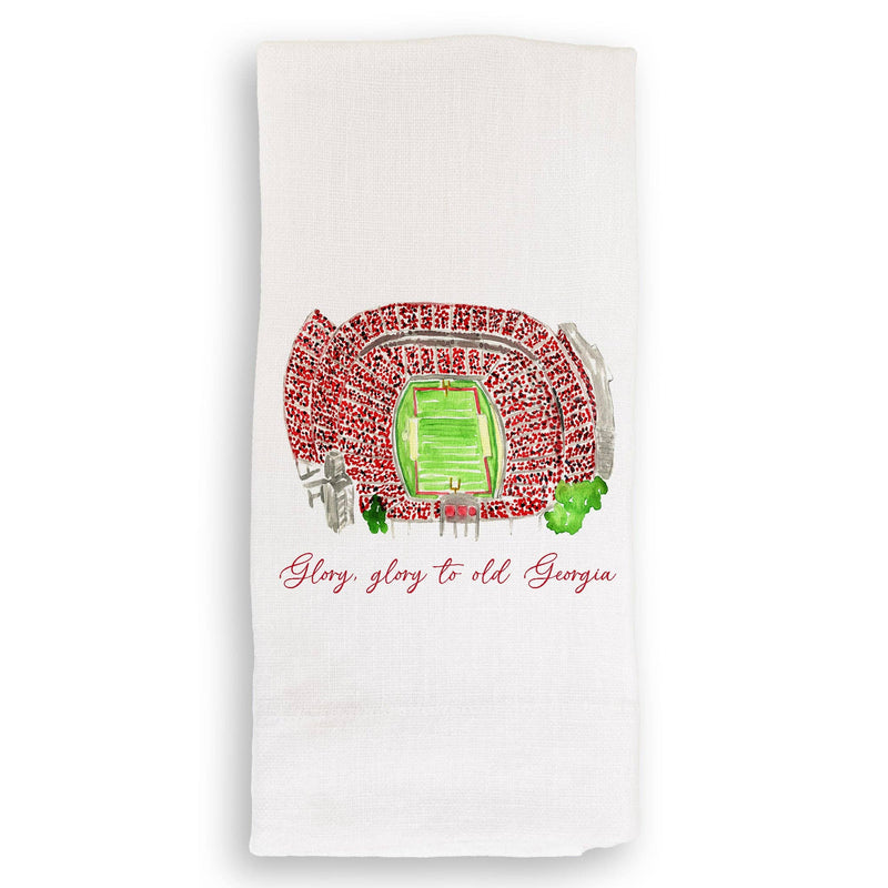 White guest towel featuring an embroidered Georgia football stadium with quote, combining elegance and functionality, ideal for home decor or gifting.