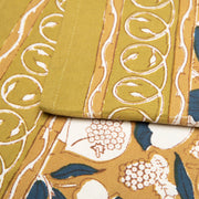 Couleur Nature - Forest Harvest Mustard & Blue Table Runner features hand-printed botanical motifs and grape clusters, showcasing craftsmanship ideal for enhancing dining settings.