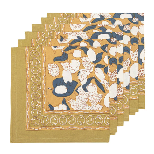 Couleur Nature - Forest Harvest Mustard & Blue Napkins - Set of 6, showcasing hand-printed fruit motifs and foliage on mustard-yellow fabric, ideal for enhancing any dining experience.