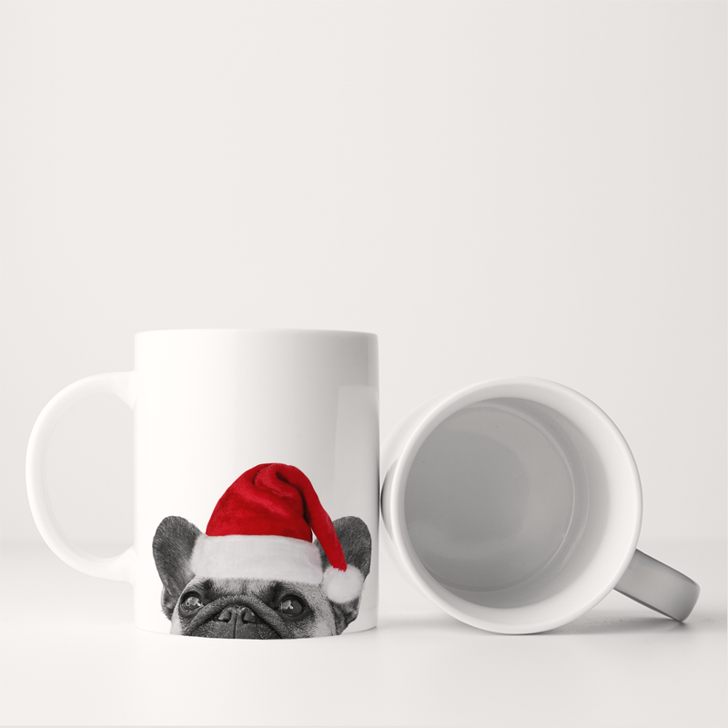 Perkie Prints - Santa Hat Frenchie Mug with a French bulldog face in a Santa hat, perfect for festive sipping.