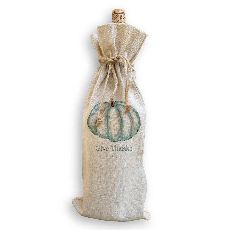 French Graffiti - Blue Pumpkin: Natural Guest Towel, a beige linen bag with a twine cord, featuring a watercolor pumpkin and Give Thanks design. Ideal for gifting.