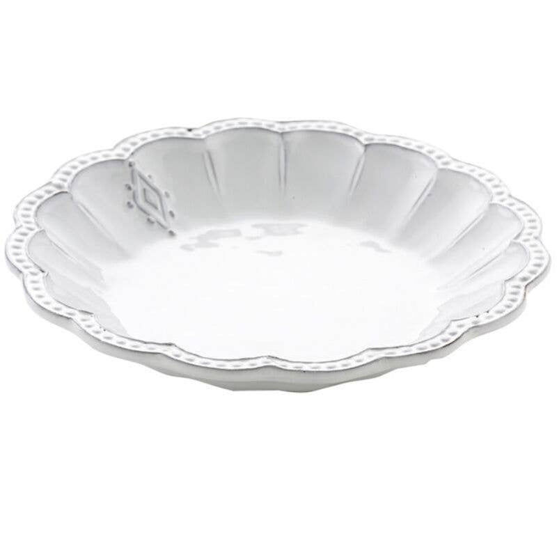 Bella Bianca Medallion Pasta/Soup Bowl on display, showcasing intricate Italian stoneware design, perfect for versatile everyday use.