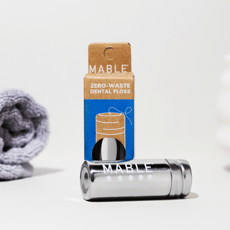 MABLE - Stainless Steel Floss Container - Silk Floss: Zero-waste dental floss set featuring a refillable metal dispenser, showcasing sustainable ahimsa silk floss for eco-friendly oral care.