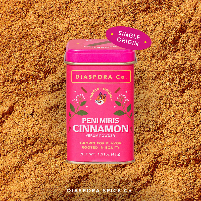 Diaspora Spice Co.'s Peni Miris Cinnamon Powder in a pink tin, showcasing its unique blend from Sri Lanka, perfect for culinary enthusiasts.
