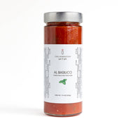 Zia Pia - Al Basilico Tomato Sauce with Basil by Italianavera, a tall glass jar with a white label, showcasing handmade Italian sauce with fresh basil.