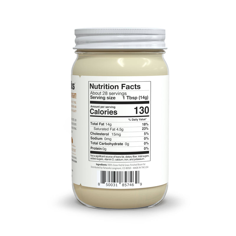 Fatworks | Grass Fed Bison Tallow (14 oz.) jar with Nutrition Facts and product details, ideal for keto cooking or DIY moisturizers.