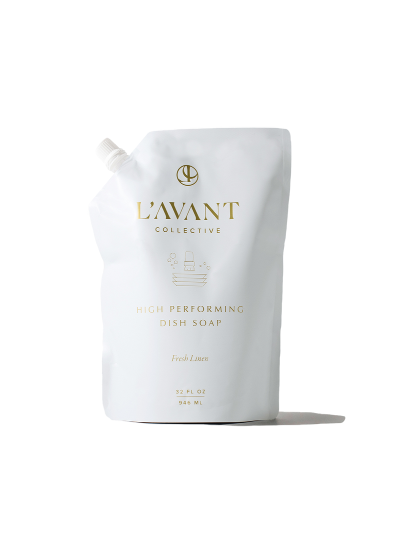 L'AVANT Collective - Fresh Linen High Performing Dish Soap Refill pouch, 32 oz, with minimalist gold lettering, designed for eco-friendly refilling of glass bottles.