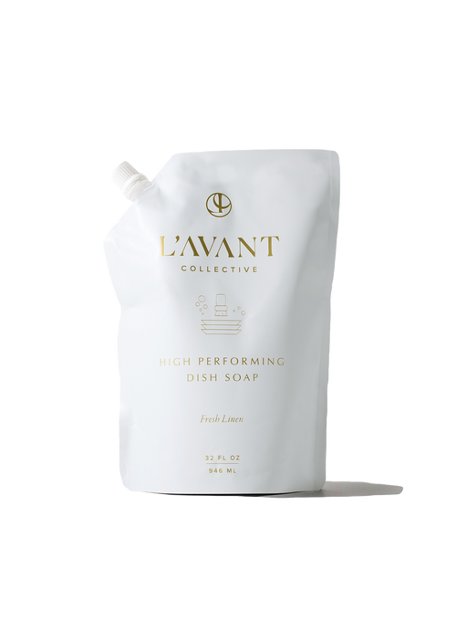 L'AVANT Collective - Fresh Linen High Performing Dish Soap Refill pouch, 32 oz, with minimalist gold lettering, designed for eco-friendly refilling of glass bottles.