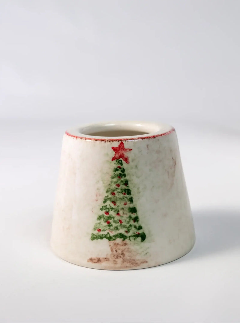 Zafferano America - Poldina Pro Holiday Shade, a hand-decorated ceramic lampshade with a festive Christmas tree design, fits Poldina Pro lamps, suitable for indoor/outdoor use.