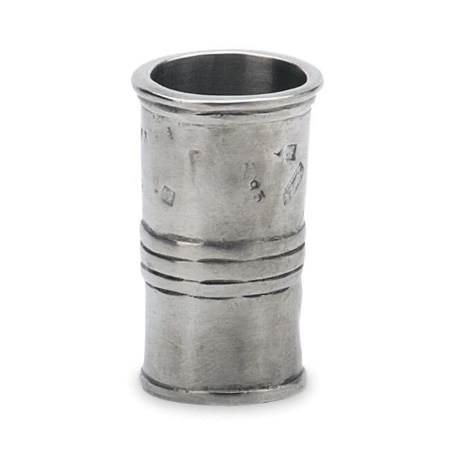Match | Measuring Beaker, Extra-Small: Antique-style, hollow cylindrical metal piece with decorative bands and hallmark stamps, likely a sterling silver kitchen or barware item from Athens Cooks.