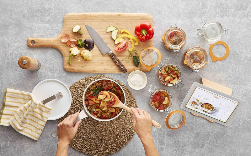 Le Parfait | Super Jars, 1.5L (48 oz) filled with stewed veggies at a kitchen prep station, showcasing versatile canning and storage for homemade dishes.