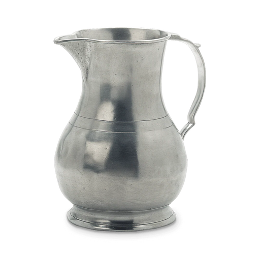 Match | Luciano Pitcher: A silver-gray metal jug with a handle and tapered spout, featuring a classic, bulbous form on a pedestal base, ideal for kitchen use.