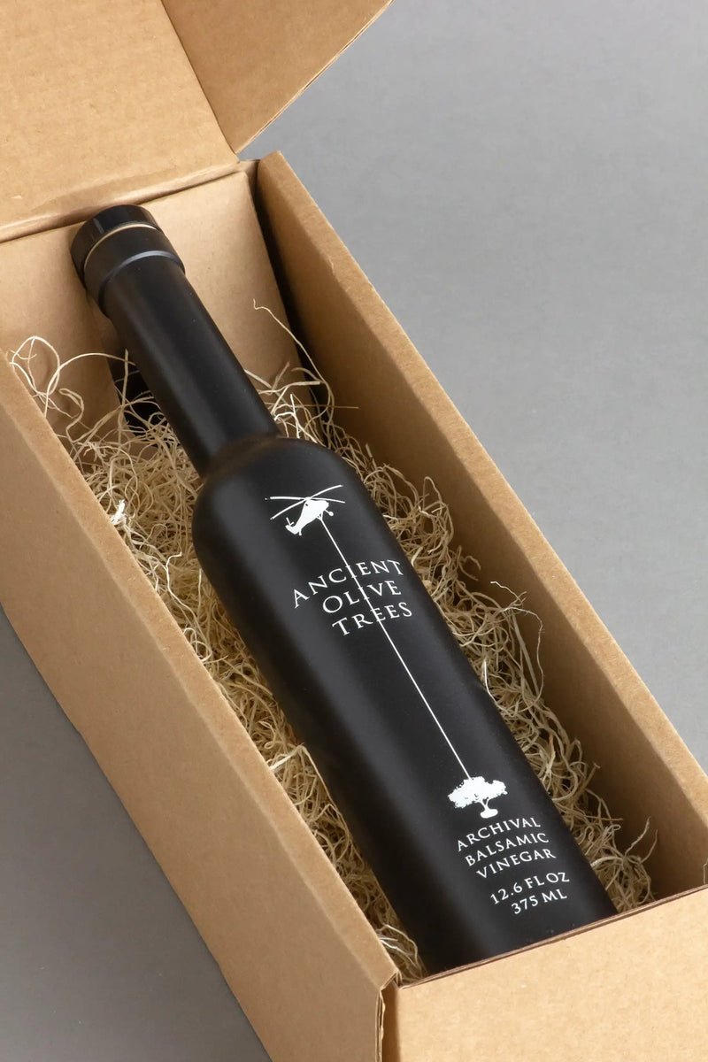 Ancient Olive Trees | Balsamic Vinegar in matte-finish bottle, packaged in a box. Ideal for enhancing dishes with rich, complex flavors.