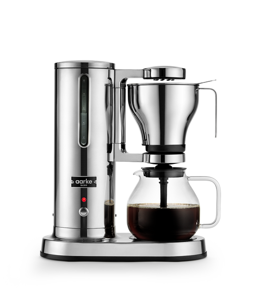 Aarke | Glass Carafe Coffee Maker with a sleek silver design and glass pitcher, ideal for home brewing.