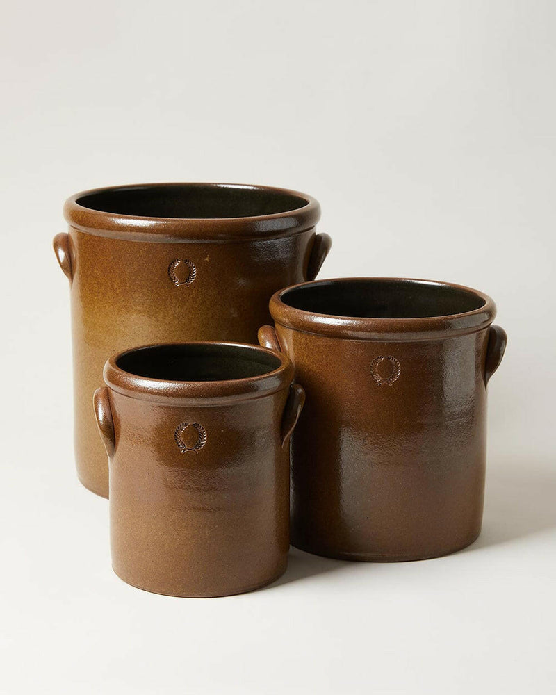 Farmhouse Pottery | Agrarian Crocks - 1-2 Gallon - Toast, featuring a hand-stamped handle, showcasing artisanal craftsmanship with a textured, iron-flecked finish.